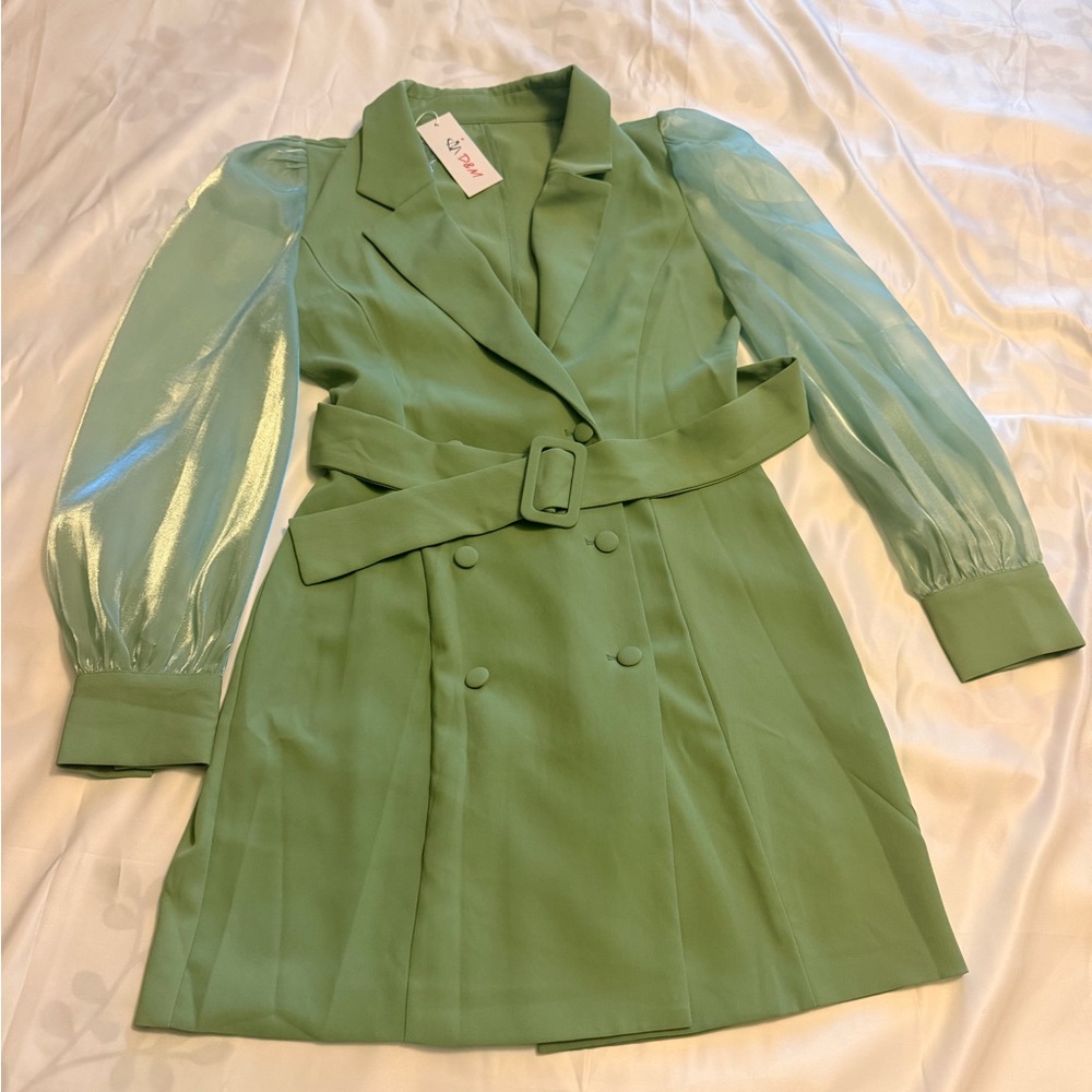 Sage Green Belted Blazer Dress w/ Sheer Sleeves – Size M (NWT)